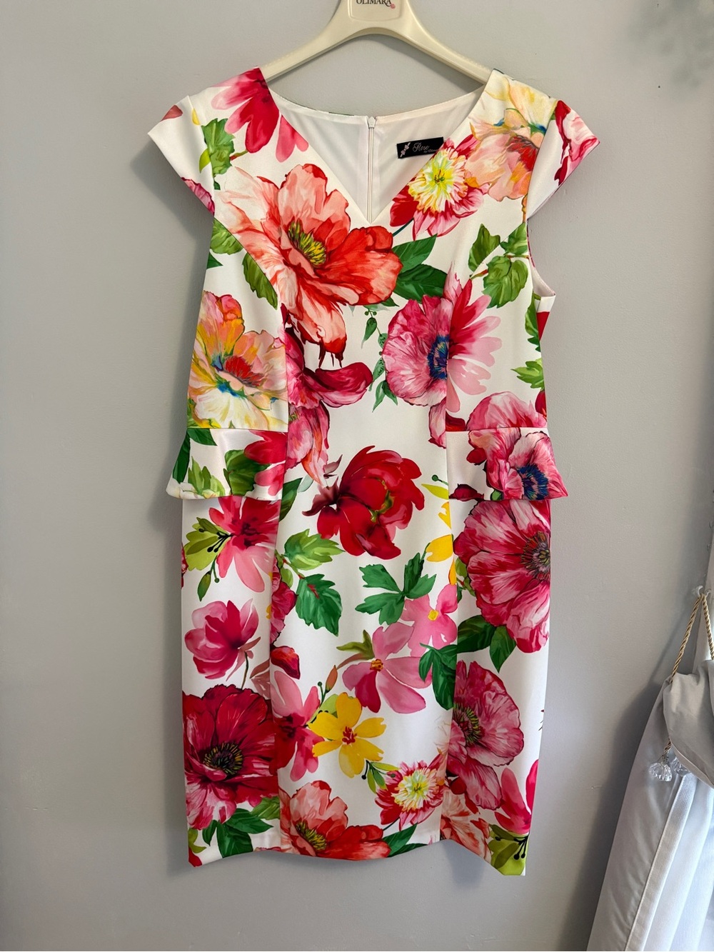 Floral Cap-Sleeve Midi Dress in White with Pink & Red Blooms NWOT